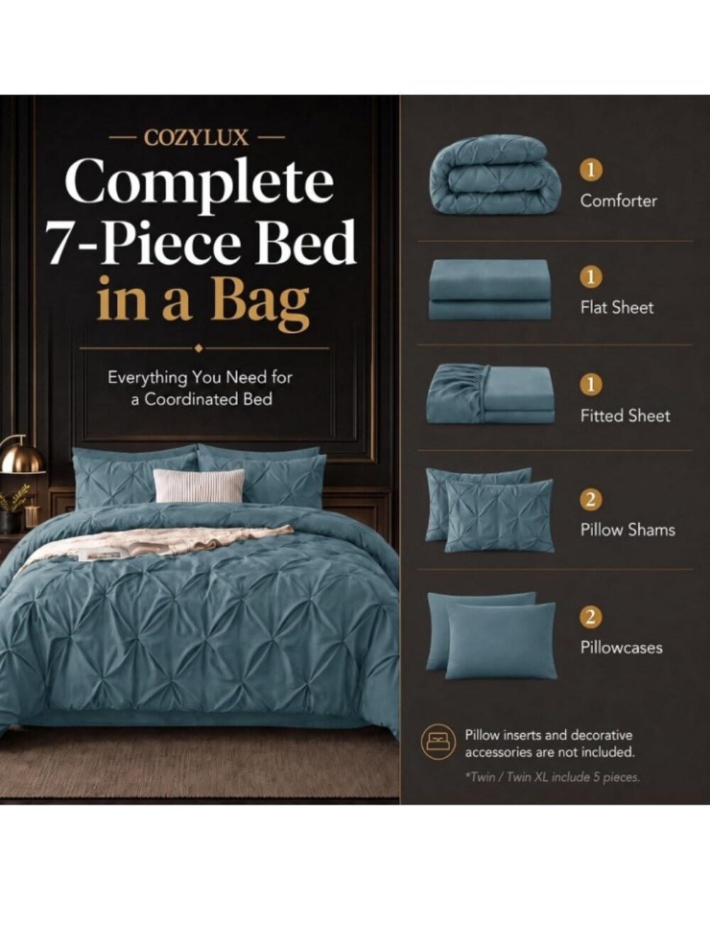 California King Comforter Set Mineral Blue, 7 Pieces Bed in a Bag All Season - Picture 2 of 10